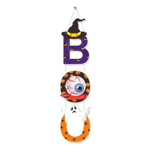 Vertical Halloween BOO door banner featuring purple bats, spooky eyes and orange ghosts
