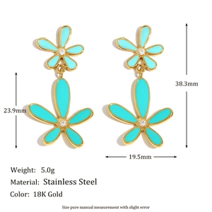 Daisy Double Flower Stud Earrings Stainless Steel 18K Gold Plated Enamel Zircon Floral Jewelry For Women Mint Green