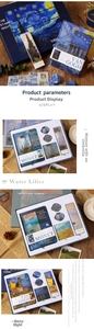 Detail view of Van Gogh and Monet impressionist art stationery set on a wooden table