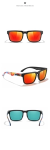 Macro detail of KDEAM polarized sunglasses with mirrored red lens and graffiti arms