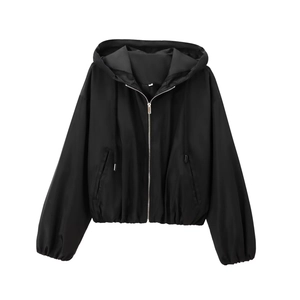 Women's black casual hooded zip-up jacket with waterproof windbreaker fabric