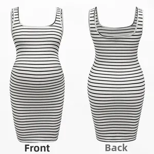 Front and back view of a slim-fit sleeveless striped maternity dress with a U-neckline