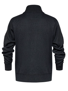 Detailed back view of a men's winter thick knit cardigan with a ribbed hem and cuffs