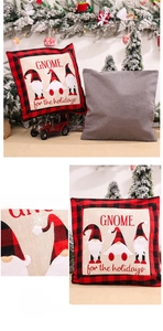 Detail of Christmas gnome pillowcase featuring red plaid trim and gnome holiday print