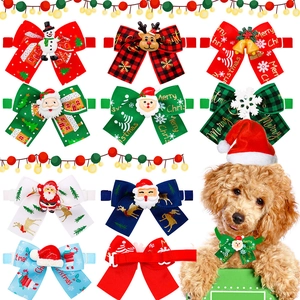 Christmas Pet Bow Tie Collar Adjustable Polyester Ribbon Reindeer Santa Bell Holiday Party Accessories For Dogs Cats