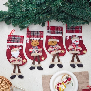 Christmas Stocking Gift Bag Linen Plush Plaid With 3D Santa Snowman Reindeer Bear Doll Hanging Decor For Home Holiday Party