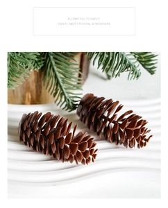 Close-up of artificial pine cones on white ceramic plate with green pine branches