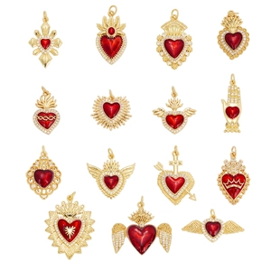 Vintage 18K Gold Plated Copper Sacred Heart Pendant Necklace With Wings Rhinestone Inlaid Heart Shape Jewelry Charm For Women