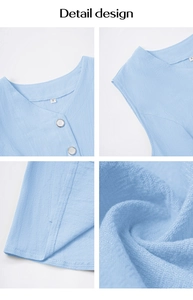 Detail design showing V-neckline with white buttons and linen texture of sleeveless top