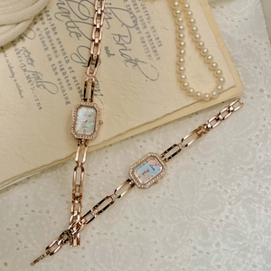 Women Quartz Watch Rose Gold Square Rhinestone Mother Of Artificial Pearl Dial Metal Bracelet Elegant Analog Jewelry Wristwatch