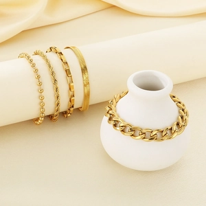 5-piece set of 18K gold plated stainless steel bracelets including snake and cuban links