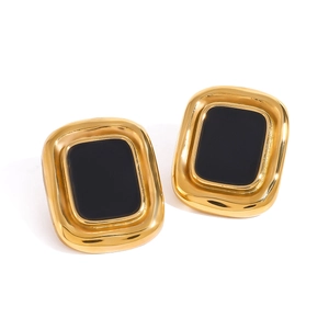 Retro square stainless steel earrings in gold with black resin inlay on white background