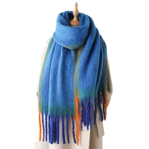 Winter faux cashmere scarf with blue and orange gradient plaid patterns and long tassels