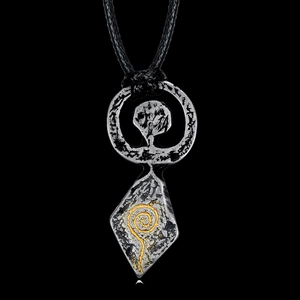 Vintage stainless steel goddess pendant with gold spiral motif on black cord