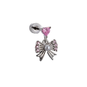 Pink heart zircon and bowknot drop earrings with pearls in silver titanium steel