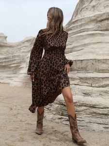 Elegant leopard print long sleeve maxi dress with high neck and embroidered boots