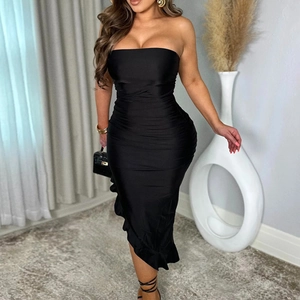 Strapless Ruched Bodycon Dress Polyester Spandex Ruffle Hem Irregular Party Sexy Solid Color Women