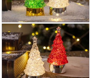 Detail of colorful LED crystal Christmas trees with swirling glitter and metal bases