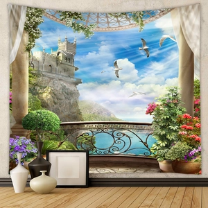 Detail of Mediterranean landscape wall tapestry featuring a coastal castle and ocean view