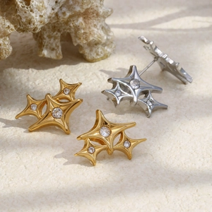 Luxury 18K gold plated stainless steel star stud earrings with sparkling cubic zirconia