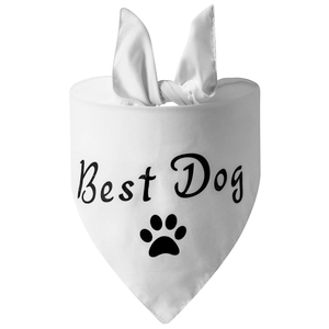 Detail of white cotton dog bandana featuring Best Dog text and paw print patterns