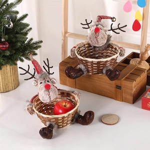 Christmas Reindeer Candy Basket Bamboo Woven Storage Tray Plush Deer Figurine Desktop Decoration For Holiday Party Gift