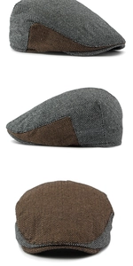 Detailansichten der grau-braunen Schiebermütze mit Fischgrätenmuster und Tweed-Textur