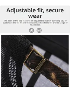Detail of adjustable camouflage strap with antique bronze buckle on mesh sun hat