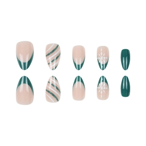 Faux ongles amande de Noël avec pointes françaises vertes, rayures et flocons de neige
