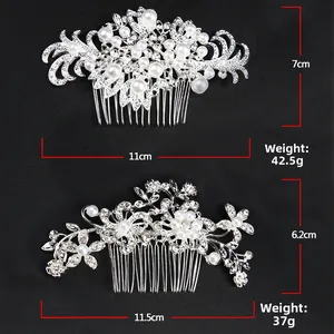 Détails des peignes à cheveux avec perles et strass, incluant les dimensions et le poids