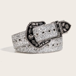 Sparkling silver sequin belt with vintage engraved metal buckle and star studs