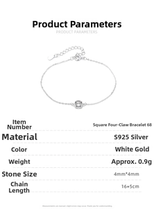 Technical specifications and sizing details for S925 silver square prong-set bracelet