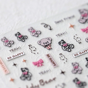 3D ultra-thin embossed nail art stickers with pink and black bears and bow designs