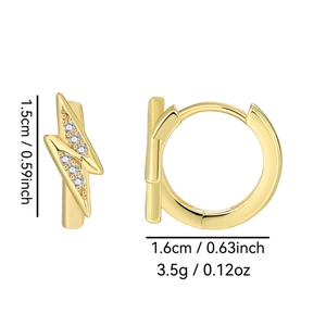 Gold lightning bolt hoop earrings with white zircon accents, size and weight details shown