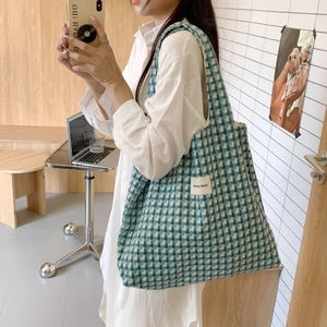 Blue and white checkered woven tote bag for women, stylish minimalist canvas shoulder bag