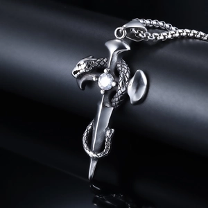 Gothic stainless steel sword pendant with coiled snake and sparkling white zircon crystal