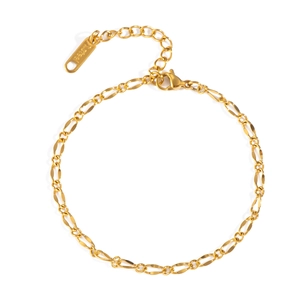Detail view of 18K gold plated stainless steel Figaro chain bracelet with lobster clasp
