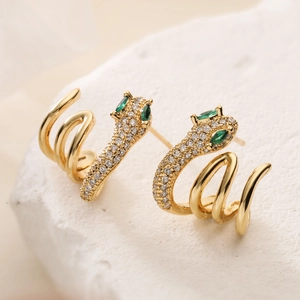 18K gold plated snake stud earrings with white zircon paving and green gem eyes
