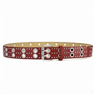 Close-up of burgundy punk leather belt with double silver buckles and metal rivets