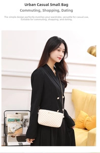 Detail of checkered crossbody bag with gold chain strap shown on a model