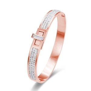 Rose gold stainless steel bracelet featuring full diamond pavé and center buckle design