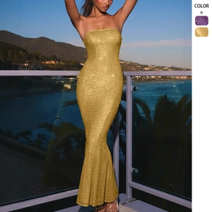 Strapless Sequin Maxi Dress Backless Mermaid Bodycon Evening Gown For Women Formal Party Slim Fit