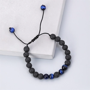 Bracelet tressé pour homme en pierre de lave et œil de tigre bleu 8mm, cordon ajustable