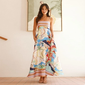 Detail of colorful map print on a summer maxi dress featuring Oceania and Australia