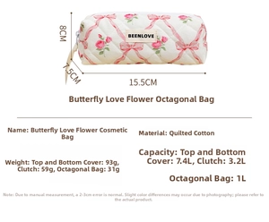 Detailed size chart for floral quilted makeup bag with pink roses and bow pattern