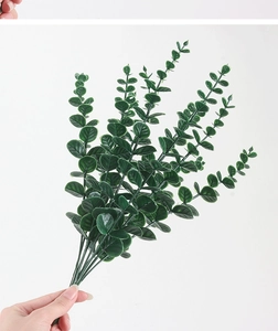 Close-up of realistic green eucalyptus leaves branch for home and wedding decor