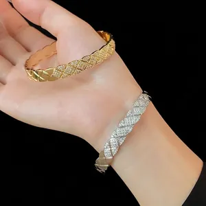 Elegant gold and silver quilted bangle bracelets with zircon inlay for women