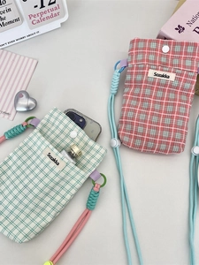 Pink and green plaid crossbody phone pouches with shoulder straps for women's essentials