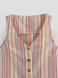 Close-up of V-neck striped linen vest with three brown wooden buttons in macro detail