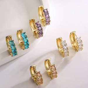 18K gold plated huggie earrings featuring three square-cut colorful zircon stones
